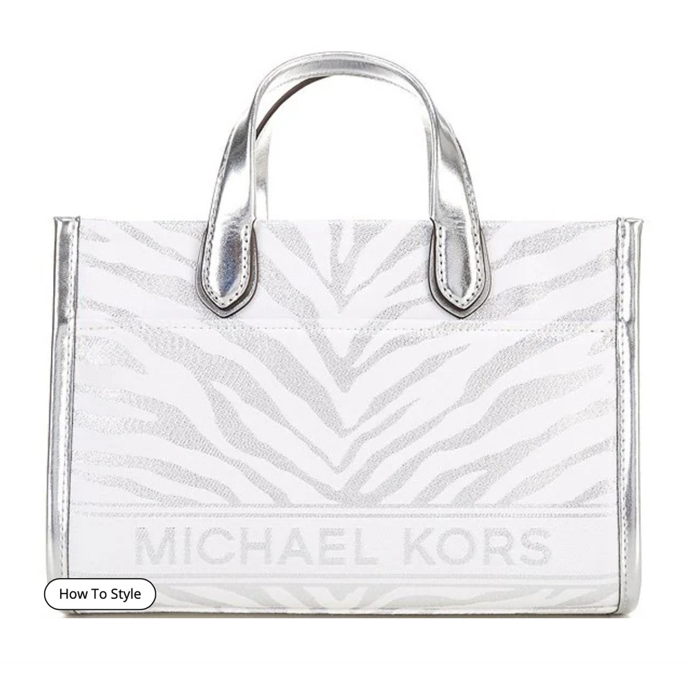 NWT Michael Kors Gigi Small Silver Metallic Zebra Print Jacquard Messenger Tote